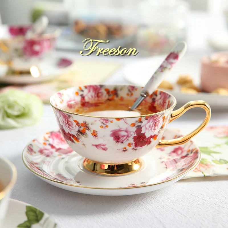 Afralia™ Elegant Floral Tea Set - 200ml Capacity Bone China Cup, Saucer, and Spoon