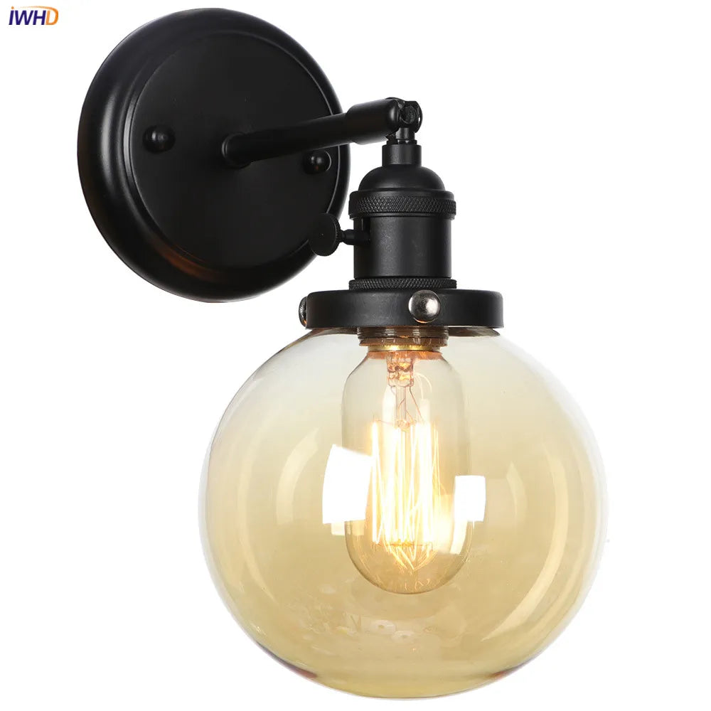 Afralia™ Loft Glass Ball Wall Light Switch Black Wall Sconces - Industrial Decor