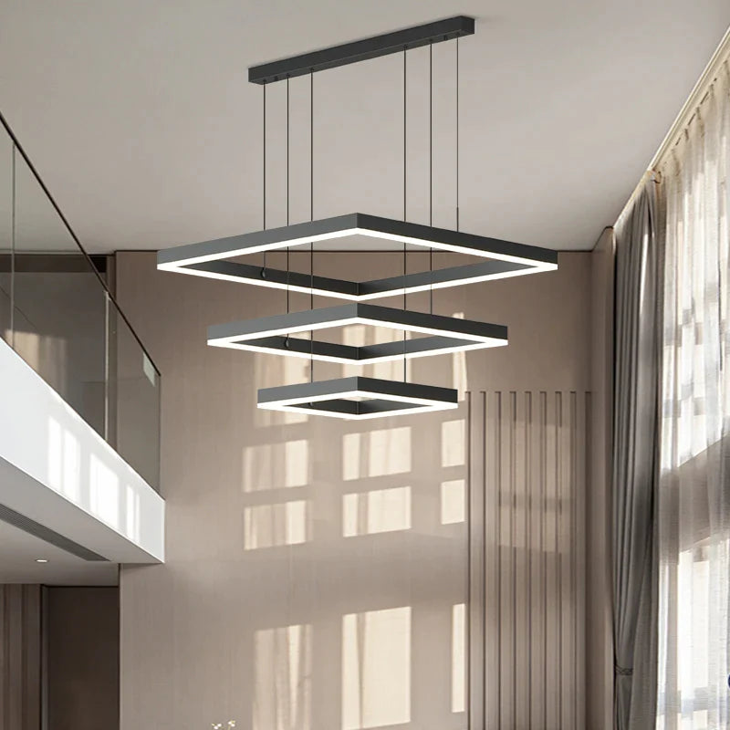 Nordic LED Black Square Chandelier by Afralia™ - Modern Living Room & Kitchen Light Fixture