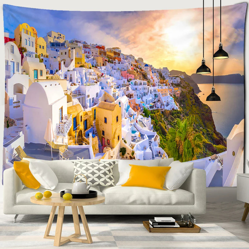 Afralia™ Castle Village Sunset Tapestry Wall Hanging - Fantasy City Landscape Wall Art