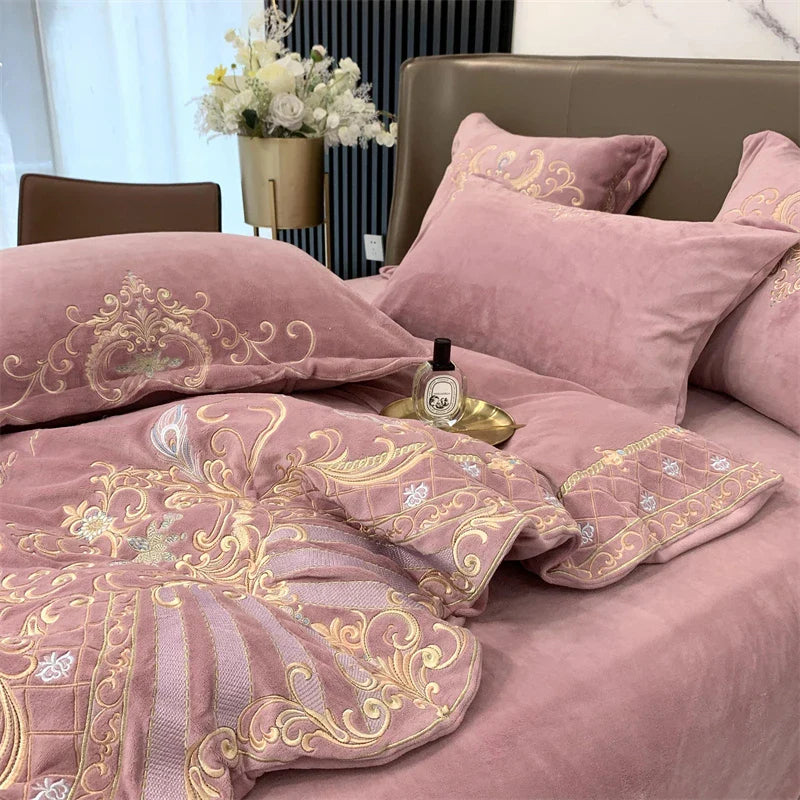 Afralia™ Luxe Velvet Fleece Bedding Set with Gold Embroidery - Comforter cover, Sheet, Pillowcases