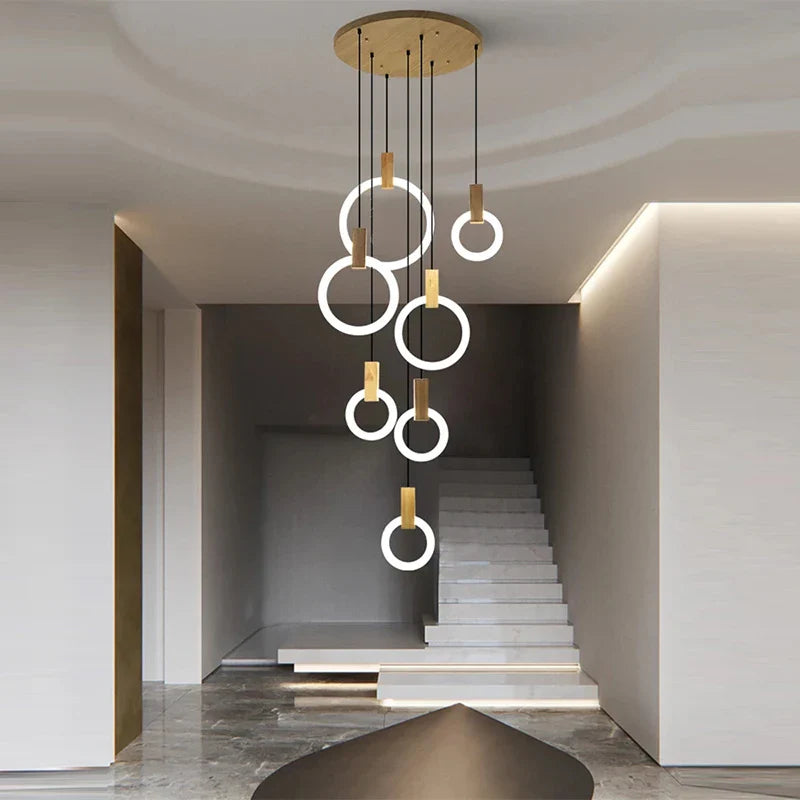 Afralia™ Wooden Ring LED Chandelier for Staircase and Dining Room Lighting