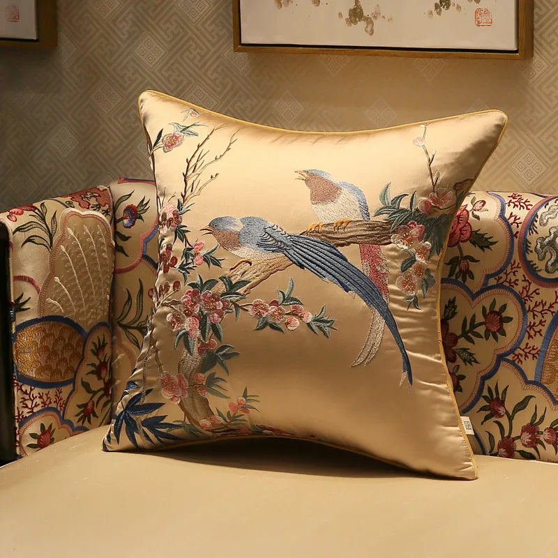 Afralia™ Spring Birds Embroidered Silk Cushion Cover 18x18Inch Luxury Brocade Pillowcase