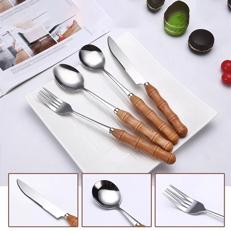 Afralia™ Stainless Steel Wood Handle Cutlery Set for Western Food Desserts