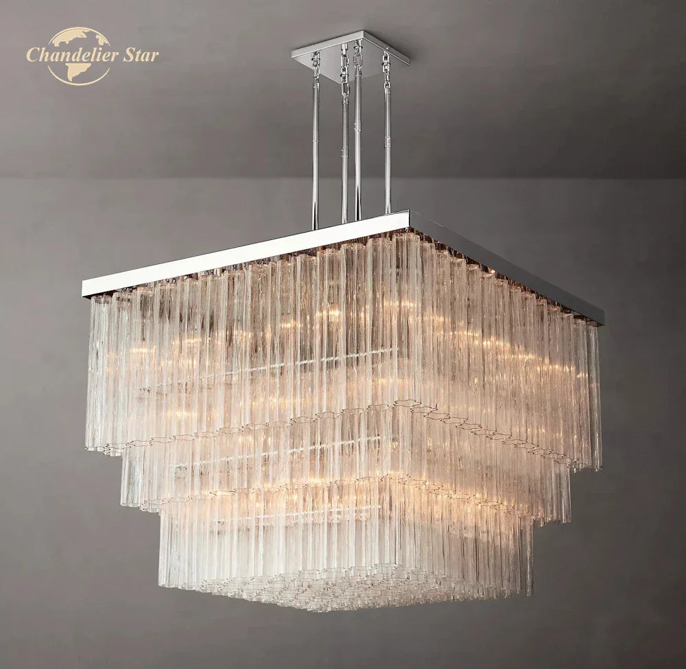 Afralia™ Glass Tube LED Square Chandelier Pendant Hanging Light - Modern Cielo Fixture