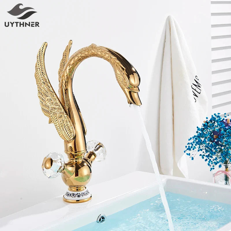 Afralia™ Gold Swan Basin Faucet: Deck Mounted Bathroom Mixer Tap with Hot and Cold Water