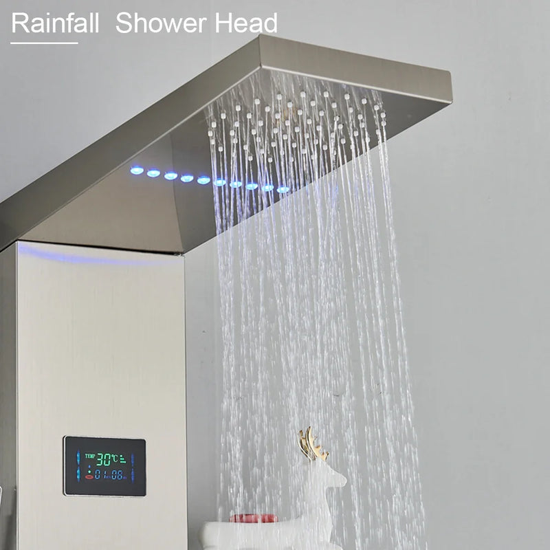 Afralia™ Brushed LED Light Shower Faucet SPA Massage Shower Column Waterfall Panel