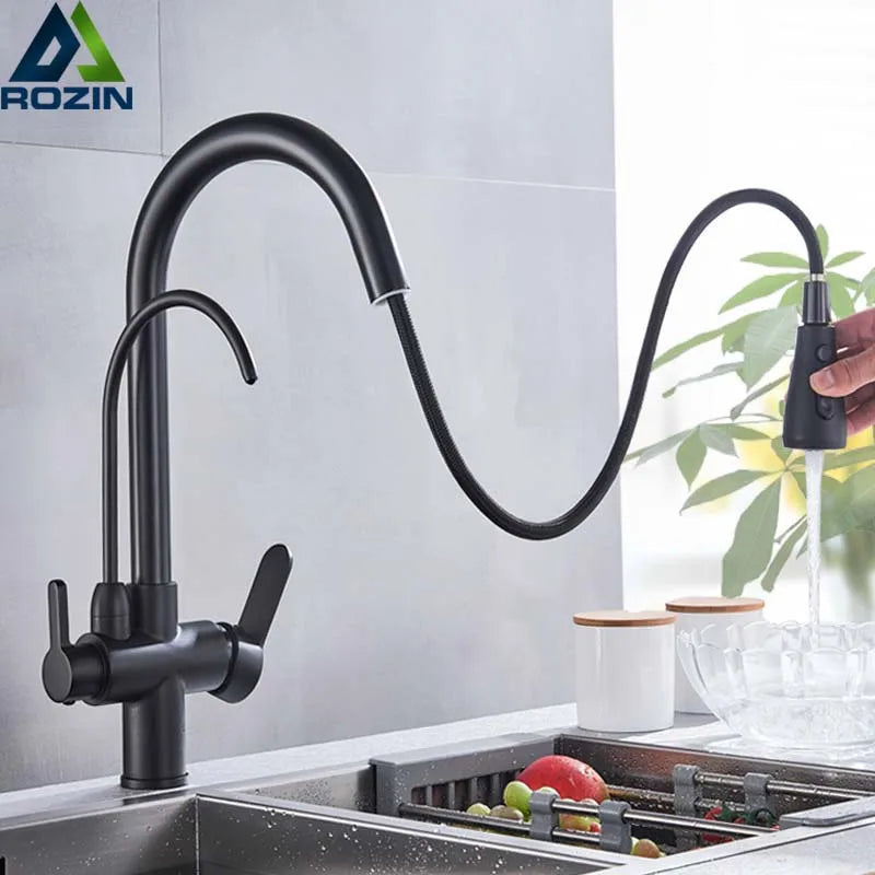 Afralia™ Black Pull Out 3 Way Mixer Kitchen Faucet with Water Filter