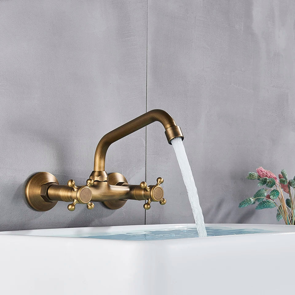 Afralia™ Swivel Spout Antique Brass Wall Mounted Kitchen Faucet Mixer Tap