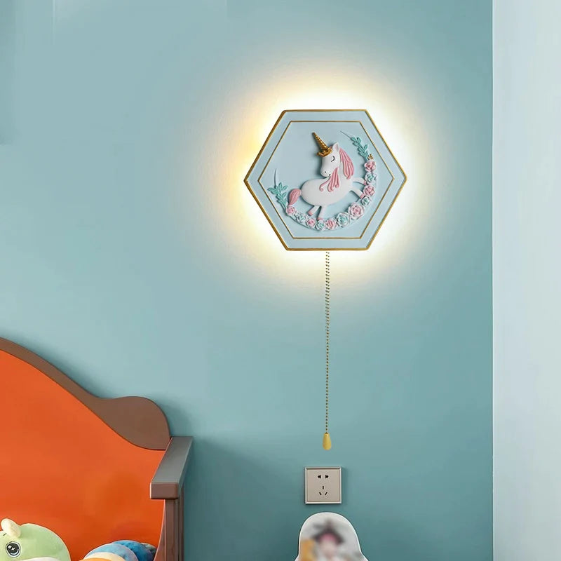 Afralia™ Princess Unicorn Astronaut Wall Lamp for Kids Bedroom - Hexagon Shape