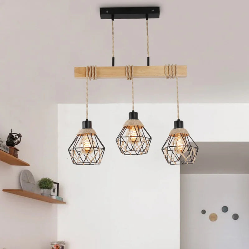 Afralia™ Vintage Hemp Rope Wood Chandelier for Dining Room and Bar