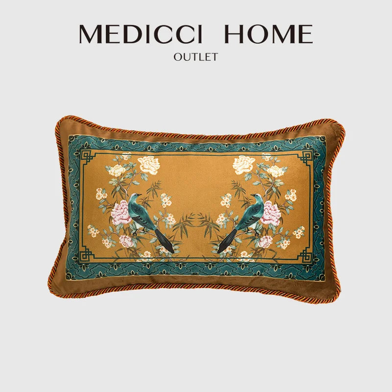 Afralia™ Oriental Velvet Lumbar Pillow Cover - Chinese Traditional Brown & Yellow Art Deco