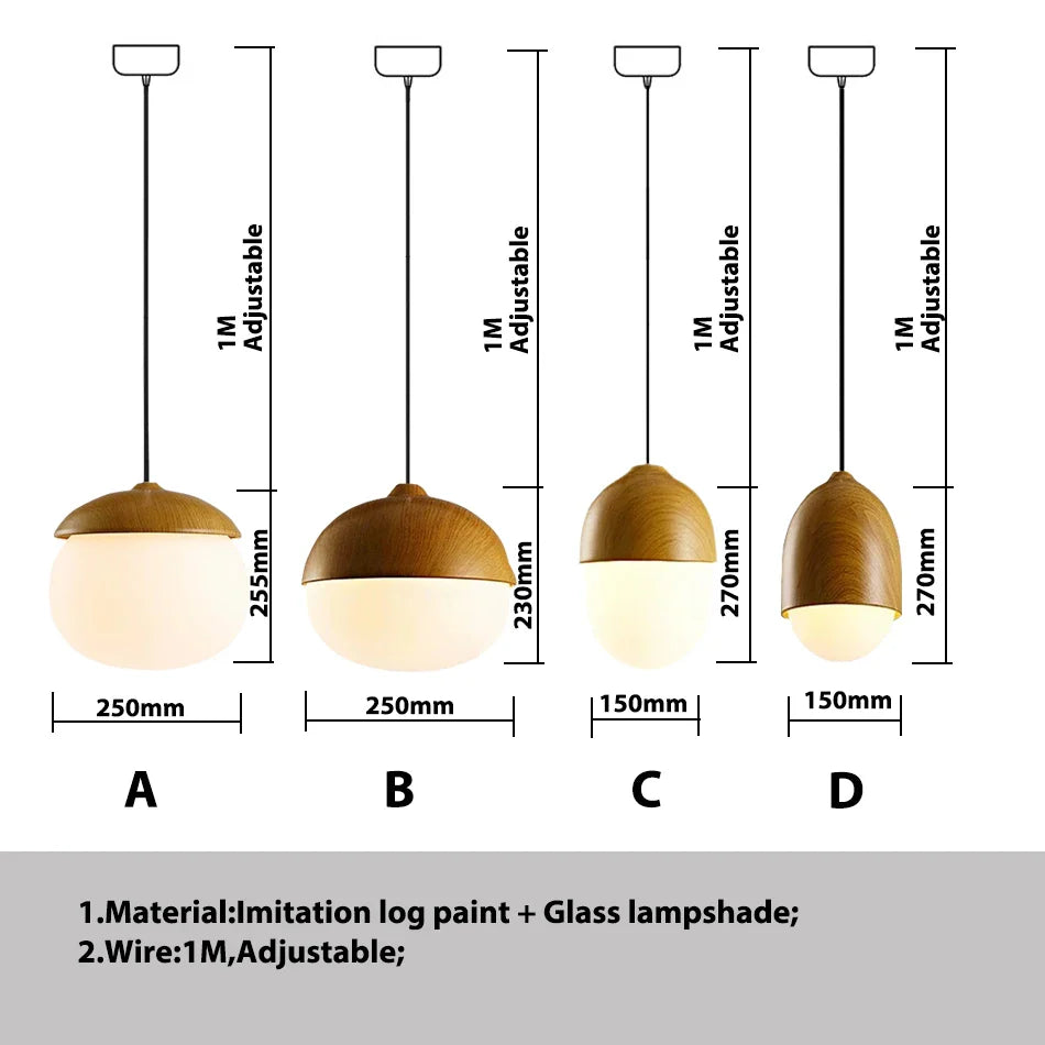 Afralia™ Wood Grain Glass Iron Pendant Lamp for Coffee Dining Club Kitchen