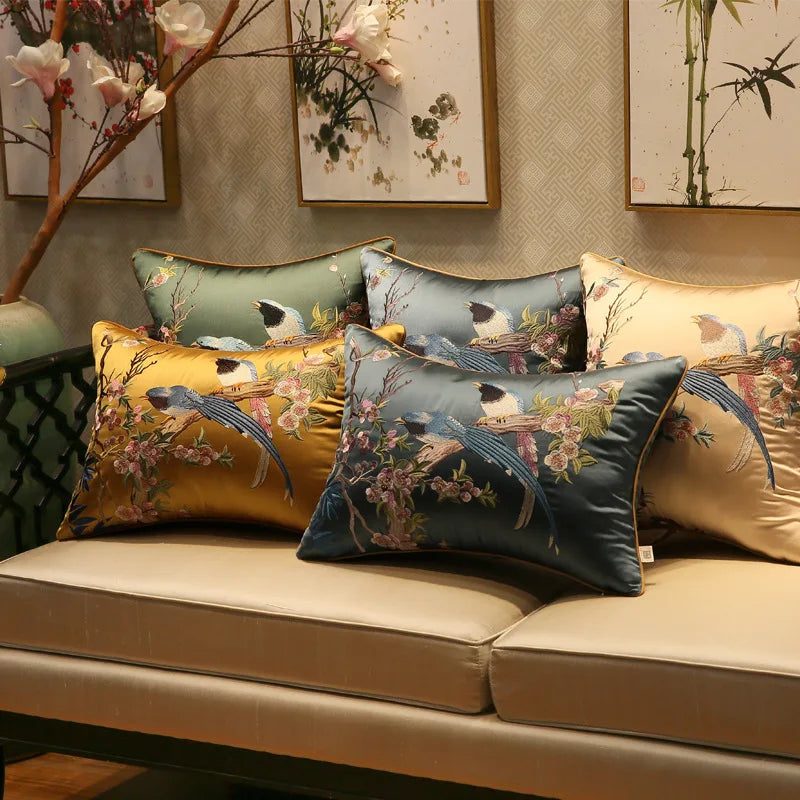 Afralia™ Spring Birds Embroidered Silk Cushion Cover 18x18Inch Luxury Brocade Pillowcase