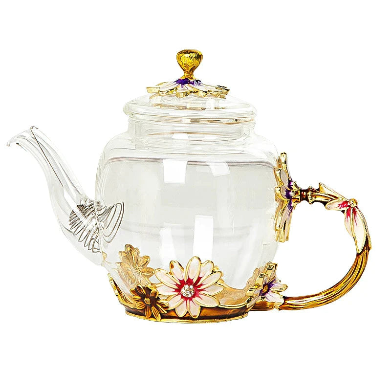 Afralia™ Daisy Enamel Crystal Glass Teapot Set for Hot and Cold Drinks