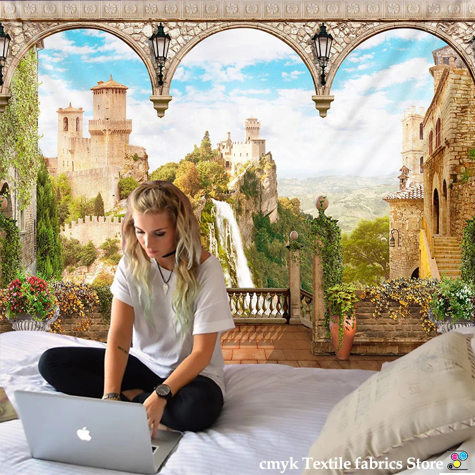 Afralia™ Roman Medieval Tapestry Castle Mountain River City Wall Hang