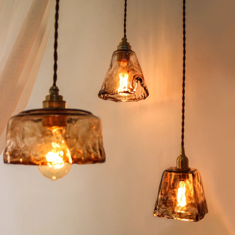 Afralia™ Wood Copper Pendant Lights, Amber Glass Japanese Style Hanging Lamp, Adjustable LED Fixtures