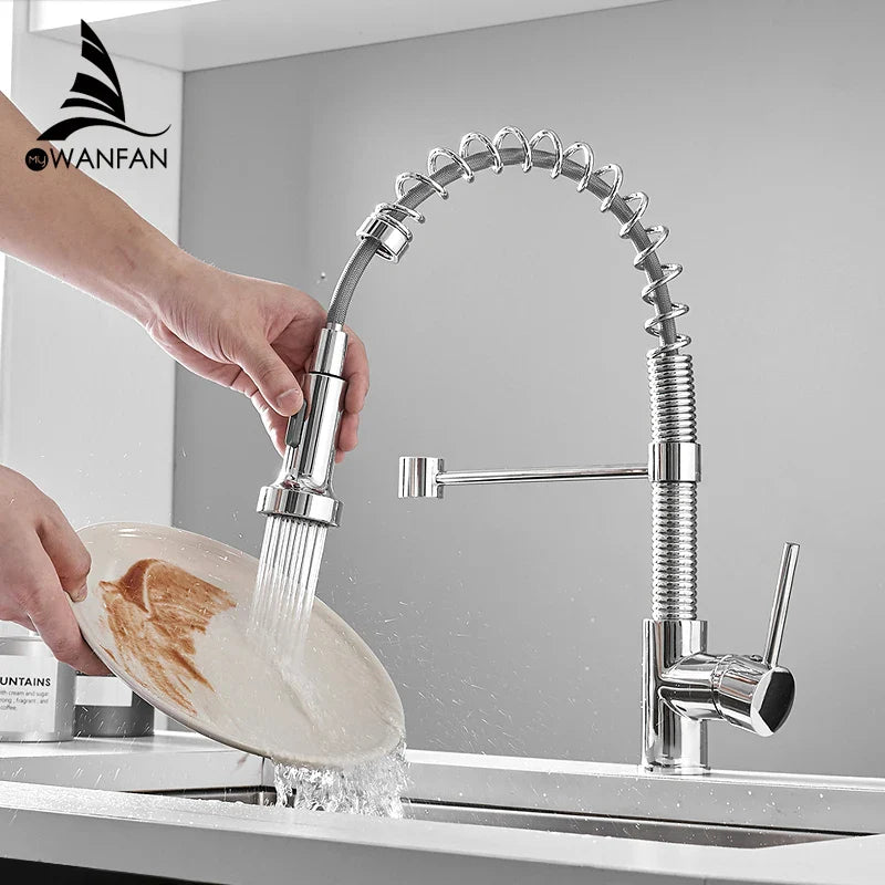 Afralia™ Brush Brass Kitchen Faucet Single Lever Pull Out Spring Spout Mixer Tap