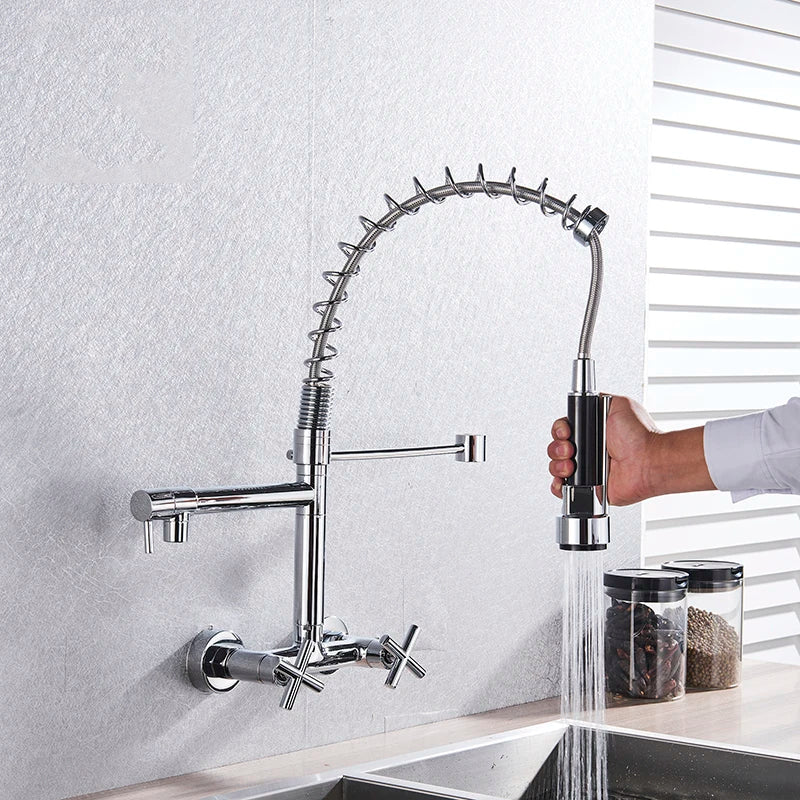 Afralia™ Spring Mounted Double Handle Kitchen Faucet with 2 Nozzles, Chrome Finish