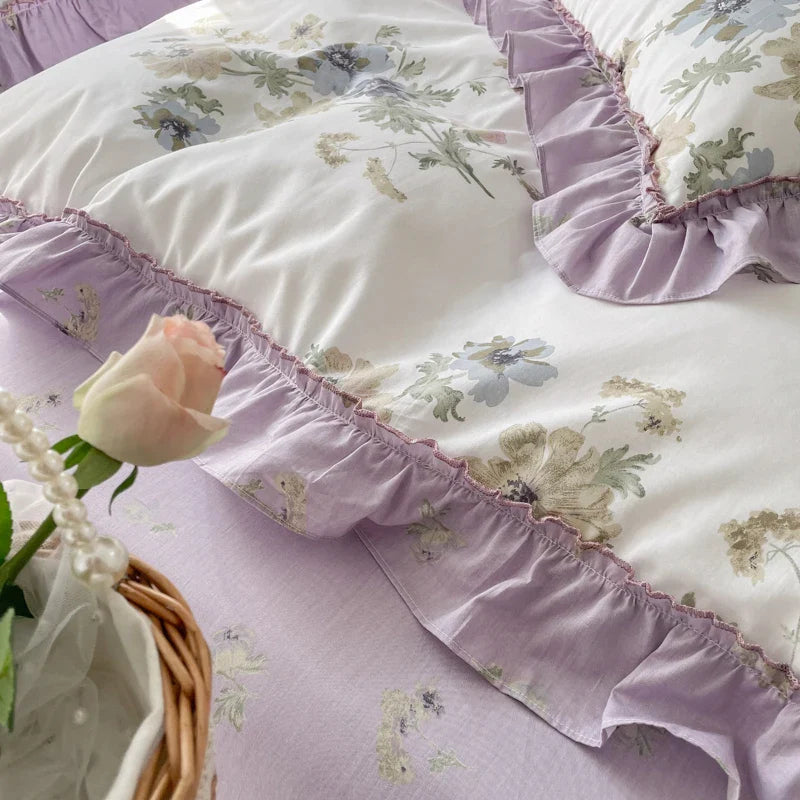 Afralia™ Gardenia Print Princess Bedding Set with Ruffles and Pillowcases