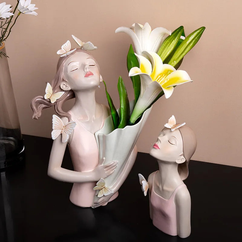 Afralia™ Butterfly Girl Resin Sculpture Vase Modern Home Decor Statues