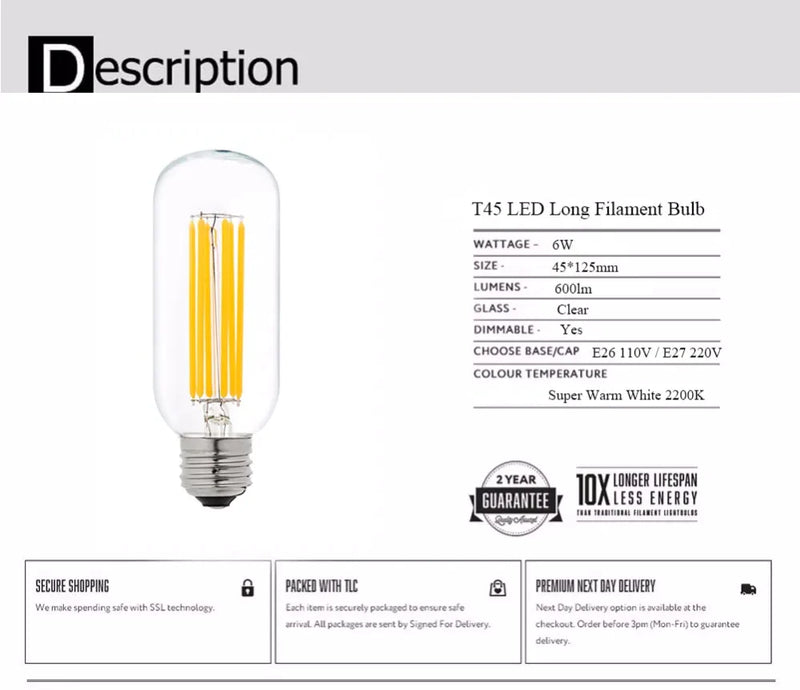 Afralia™ T45 Tubular LED Night Bulb 6W Dimmable Filament E26 E27 Pendant Light