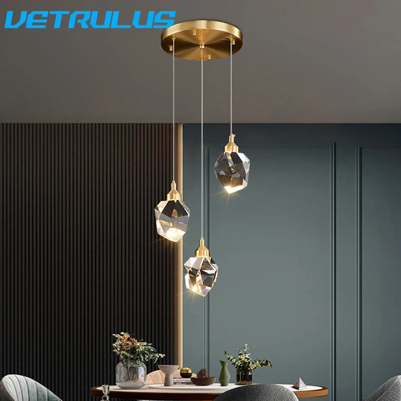 Afralia™ Diamond Crystal LED Chandelier, Brass Ceiling Pendant Light for Dining Room