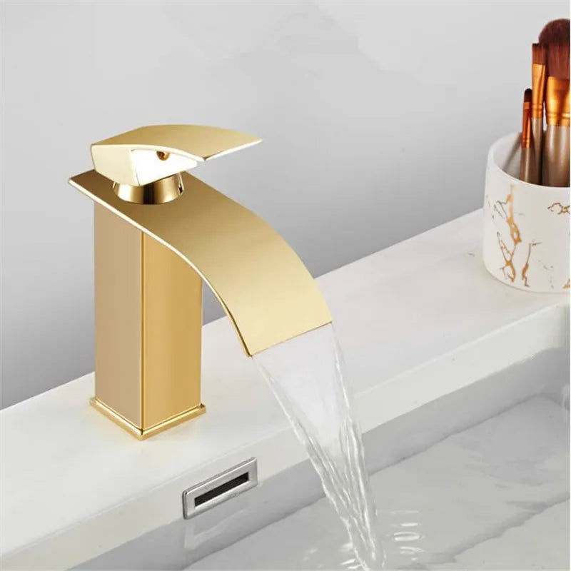 Afralia™ Gold Waterfall Basin Faucet: Brass Bathroom Mixer Tap, Hot Cold Sink Faucet