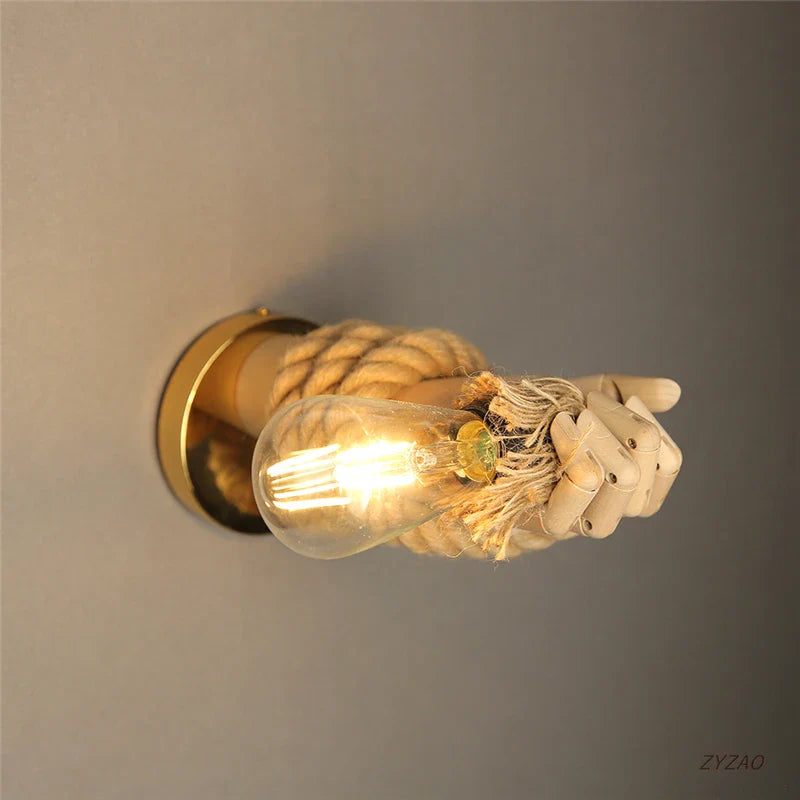 Afralia™ Hand Shape Wall Light Industrial Loft Hemp Rope E27 Wall Lamp