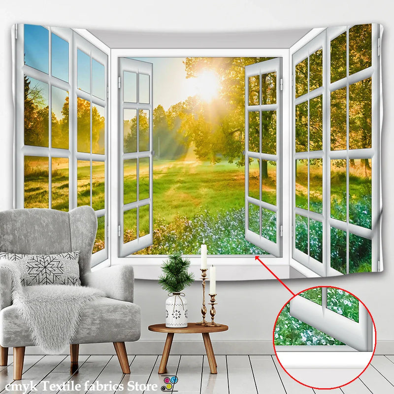 Afralia™ 3D Landscape Window Wall Tapestry Nordic Style Home Decoration Painting