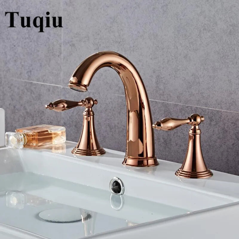 Afralia™ Rose Gold Basin Faucet Luxury Brass Widespread Mixer Hot Cold Tap