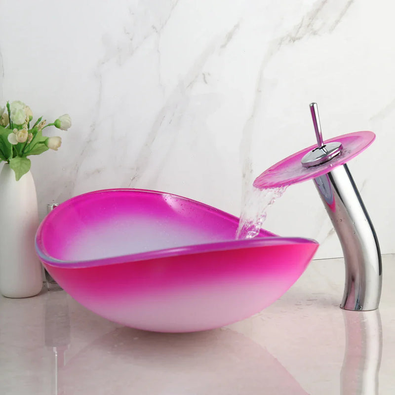 Afralia™ Pink Flower Glass Vessel Sink Set with Faucet - Hand Painted Artistic Design