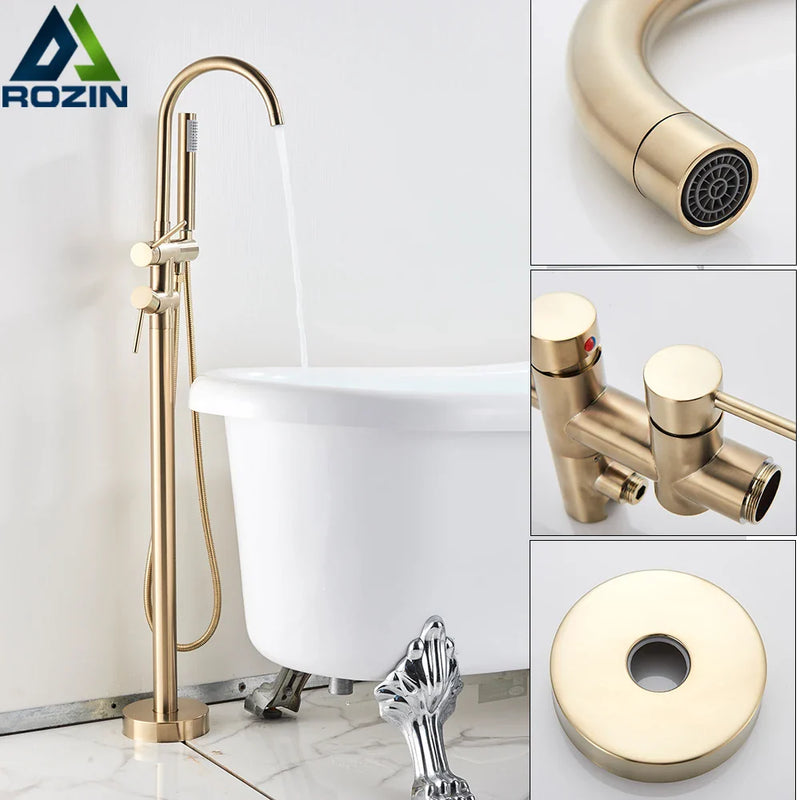 Afralia™ Brushed Gold Freestanding Bathtub Shower Mixer with Handshower