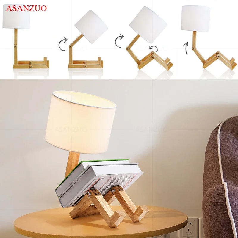 Afralia™ Nordic Wooden Robot Table Lamp LED Desk Lamp for Modern Living Room