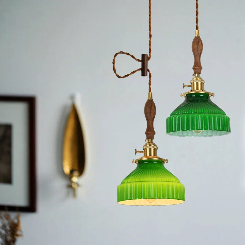 Afralia™ Modern Nordic Green Glass LED Pendant Light with Wood Hangle