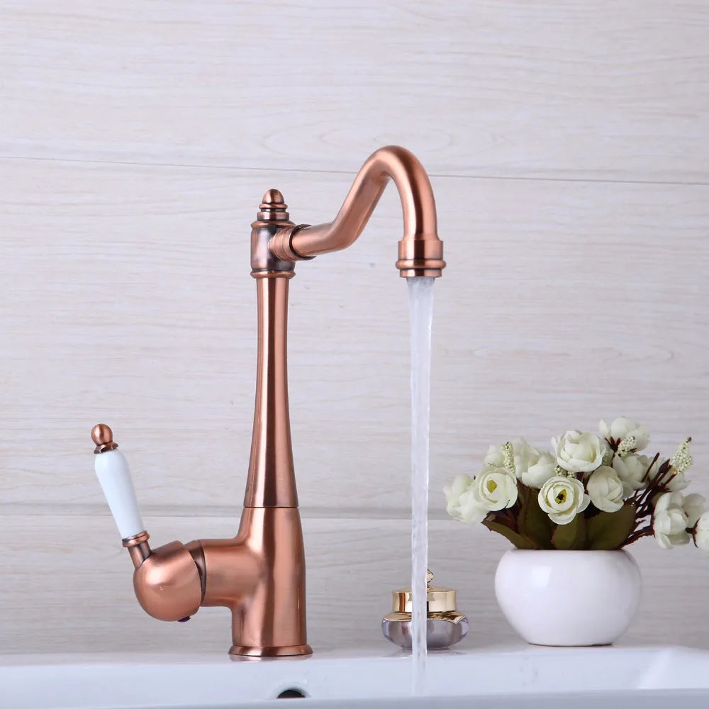 Afralia™ Antique Copper Kitchen Basin Mixer Tap with Ceramic Handle
