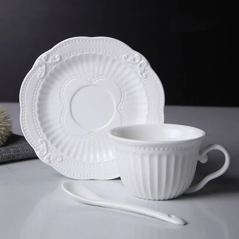 Afralia™ Ceramic Coffee Cup and Saucer Spoon Set - European Style Relief Design