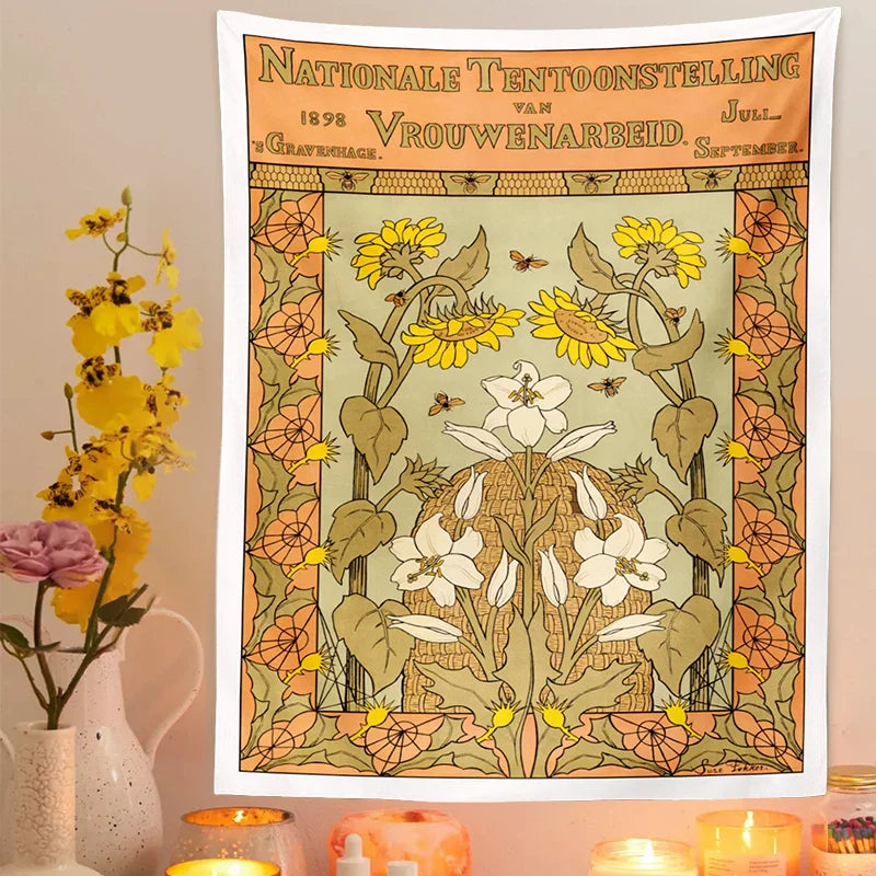 Afralia™ Vintage Flower Bee Print Botanical Tapestry Wall Hanging Reference Chart Art