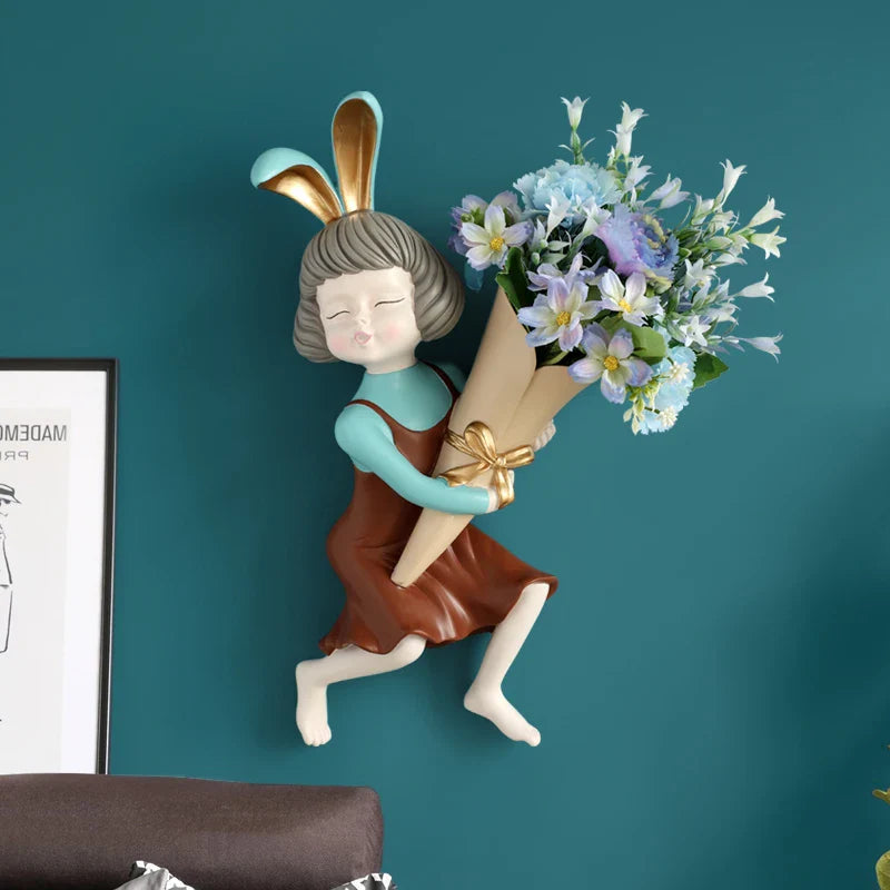 Afralia™ Rabbit Girl Statue Wall Vase: Unique Room Decor with Flower Vase & Planter