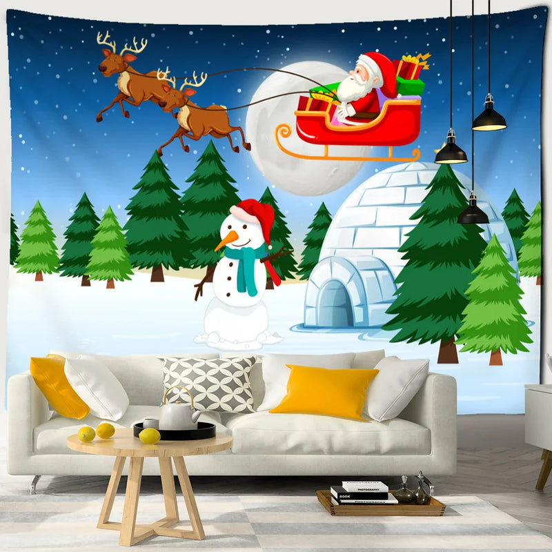 Afralia™ Santa Claus Sleigh Tapestry Wall Hanging Witchcraft Christmas Day Girl Home Decor