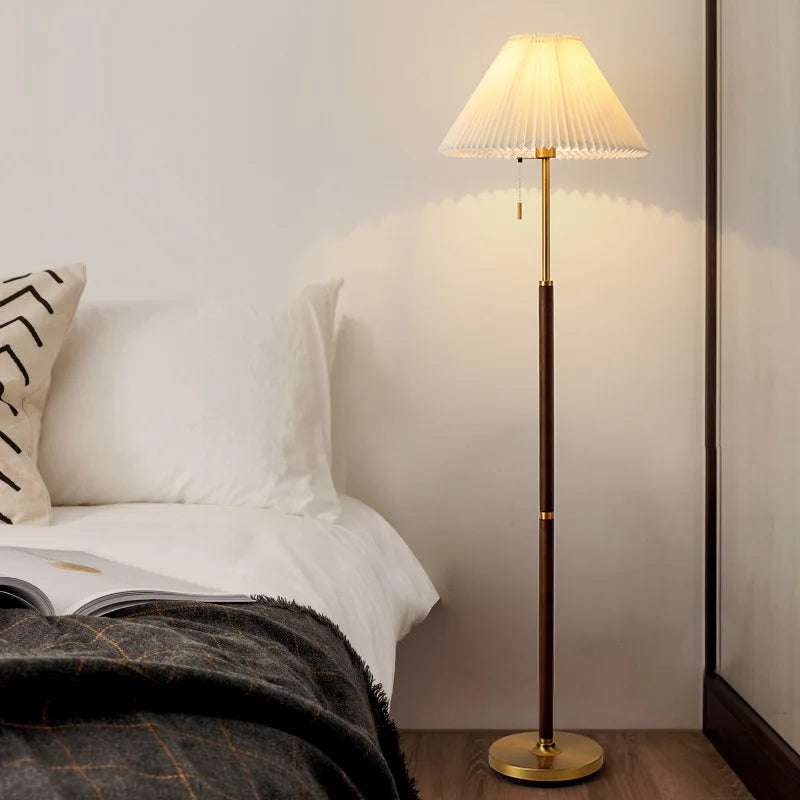 Afralia™ Pleated Wood Floor Lamp with White Fabric Shade