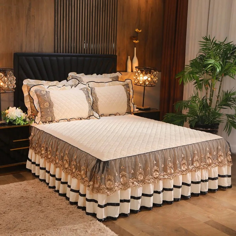 Afralia™ Crystal Velvet Bedspread Set with Super Soft Quilting & Lace Bedskirt