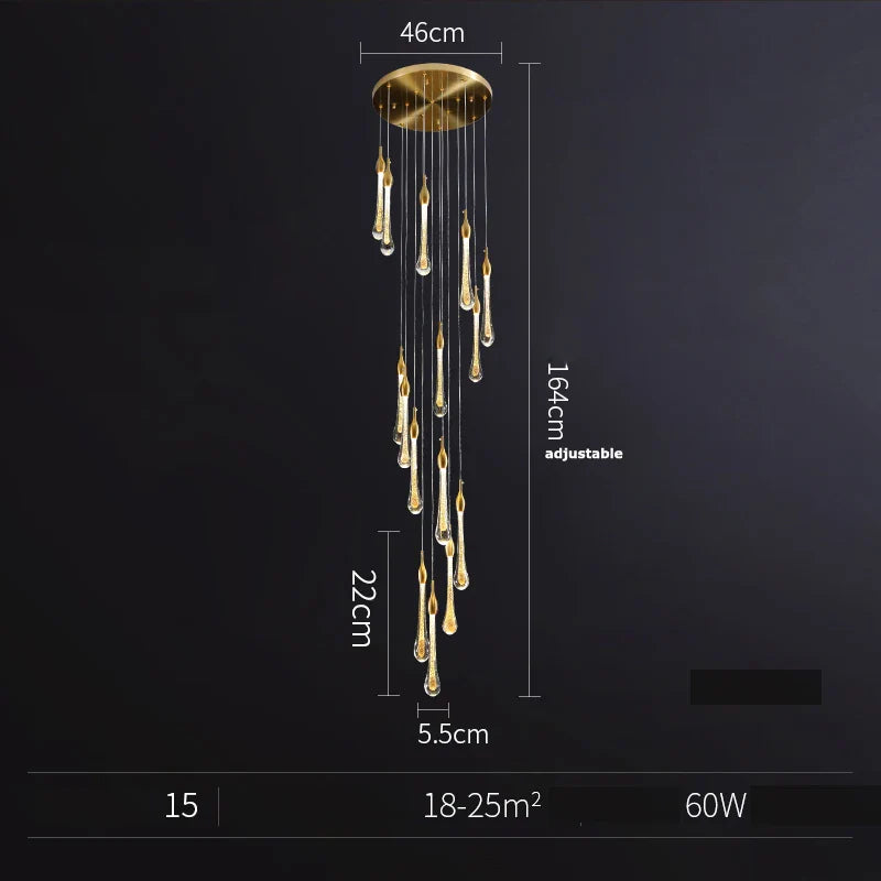 Afralia™ Water Drop LED Gold Chandelier for High Ceiling, Staircase Lighting