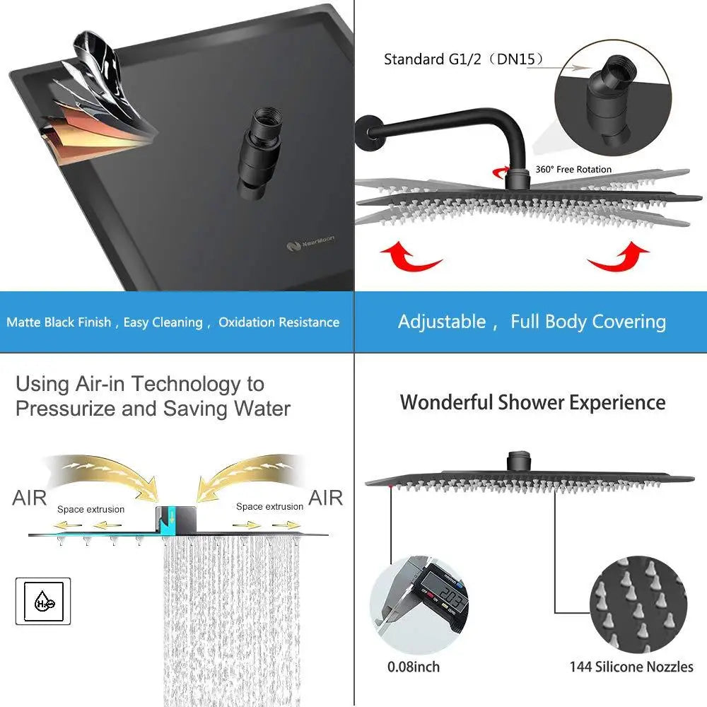 Afralia™ Matte Black Square Rainfall Shower Head Wall Mount - Multiple Sizes Available