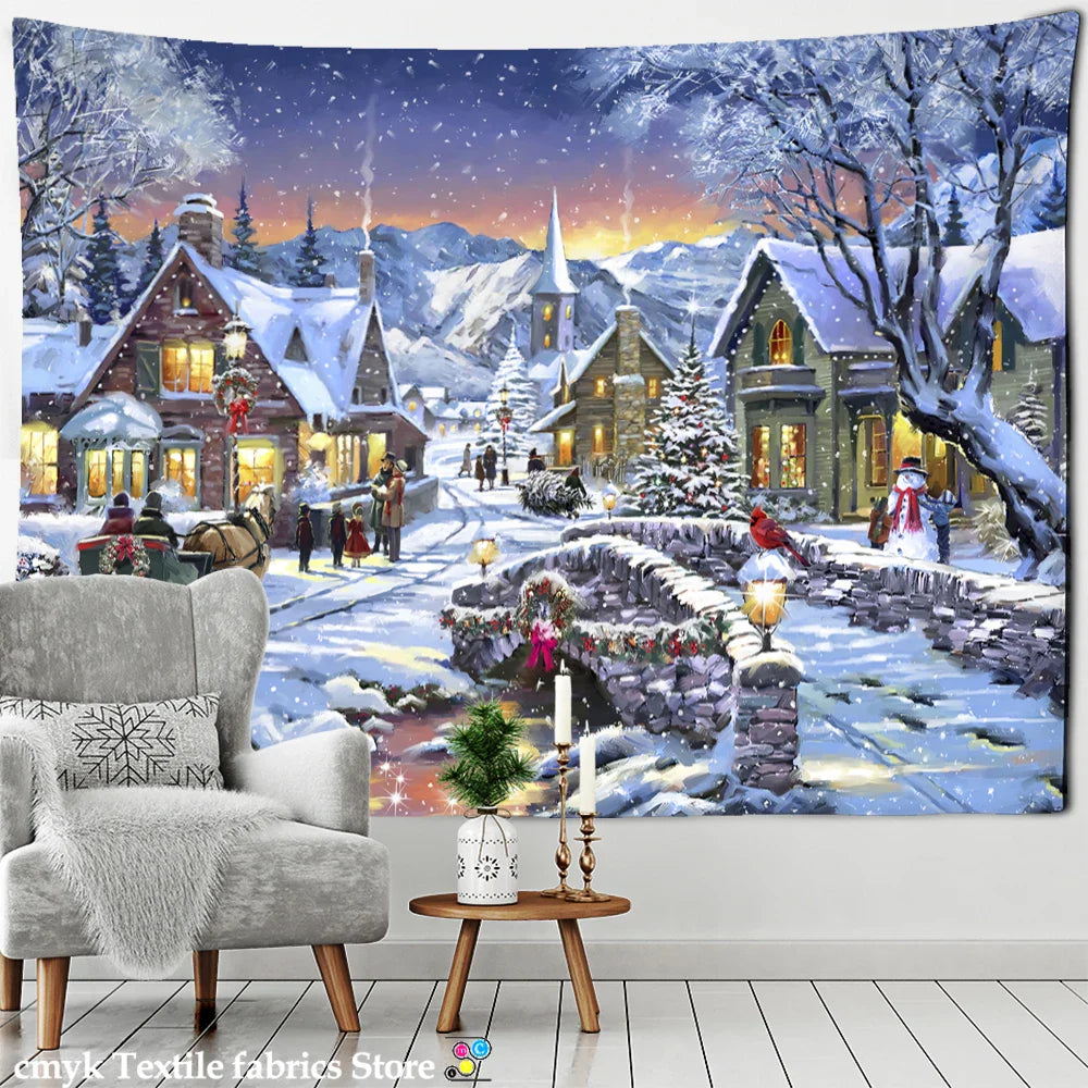 Afralia™ Christmas Tree Snowman Tapestry - Natural Snow Scene Oil Painting Hippie Decor