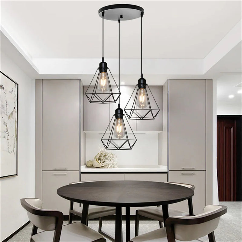 Afralia™ Diamond Cage Wrought Iron Pendant Light for Dining Room and Kitchen Island