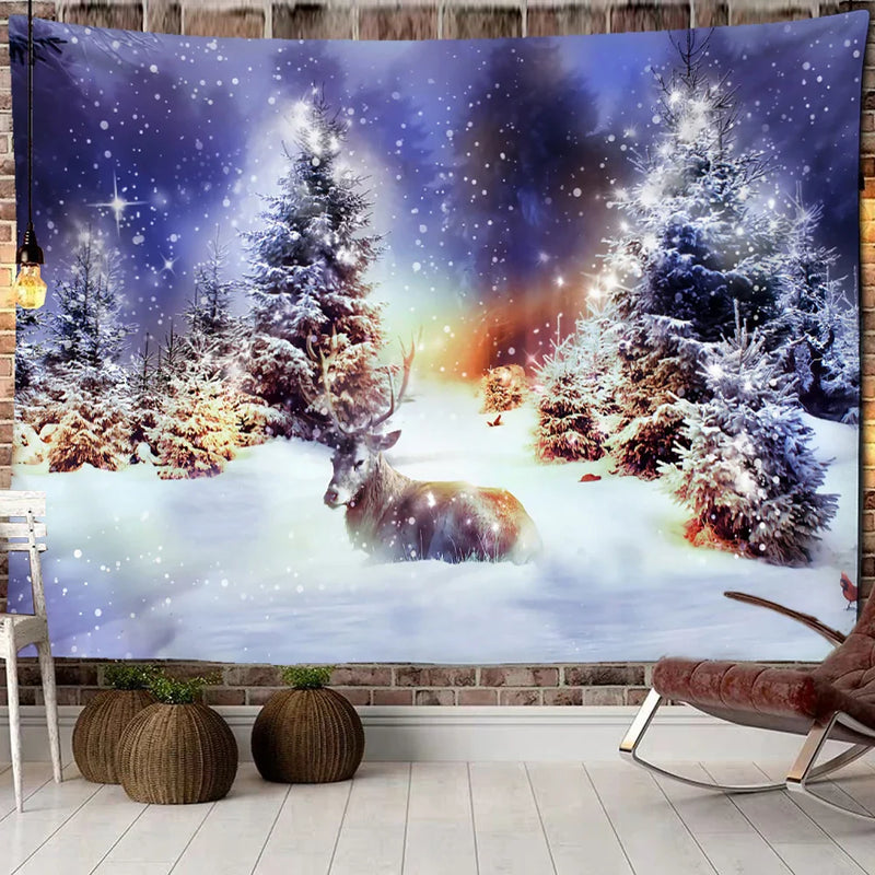 Afralia™ Christmas Woods Snow Scene Tapestry Wall Hanging - Elk Bohemian Style Bed Curtain Home Decor