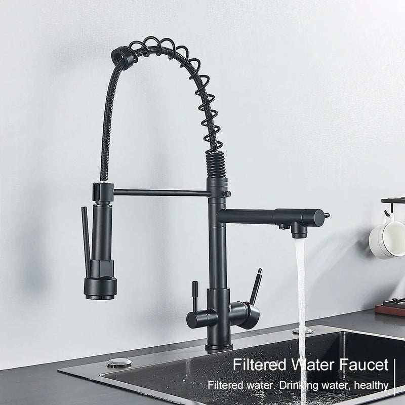 Afralia™ Matte Black Pure Water Filter Kitchen Faucet Dual Handle Mixer Crane