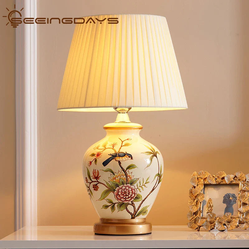 Afralia™ Chinese Bird Flower Ceramic Table Lamp for Bedroom Living Room Bedside