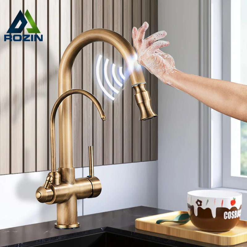 Afralia™ Antique Brass Kitchen Faucet with Touch Sensor and Swivel Sprayer Tap